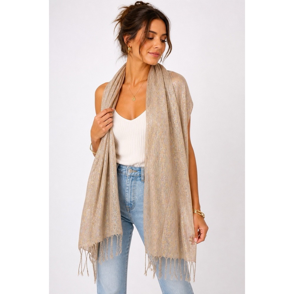 Metallic Fringe Scarf Shawl Wrapโ Beige Gold Shimmer 21x83 Boho Festival